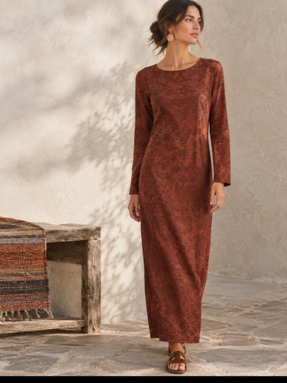 Peruvian Connection Abstract Print Pima Cotton Maxi Dress Rust Brown Size 6